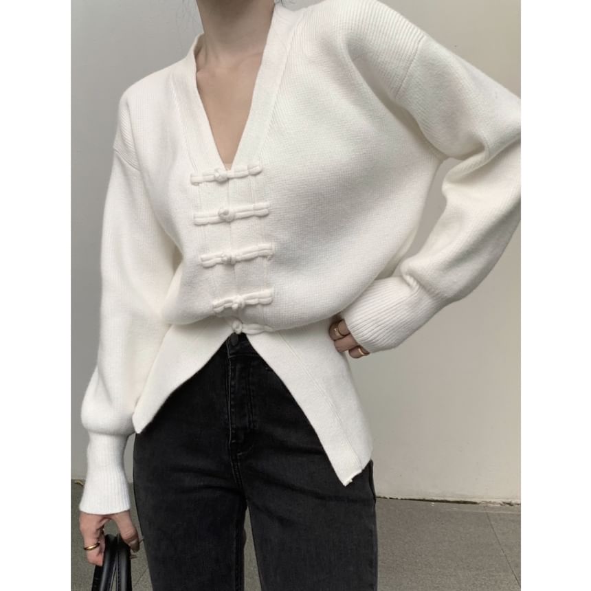 Frog Buttoned V-Neck Plain Cardigan