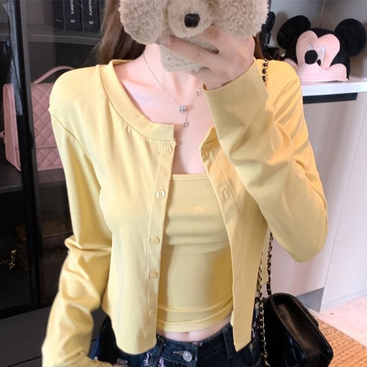 Plain Crop Cardigan & Camisole Top Set