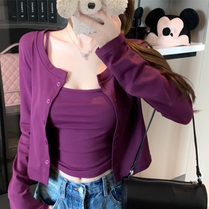 Plain Crop Cardigan & Camisole Top Set