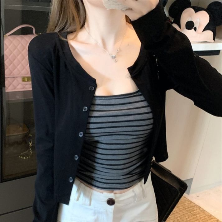 Plain Crop Cardigan & Camisole Top Set
