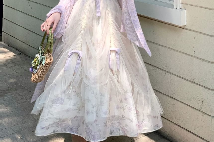 Spaghetti Strap Floral Print Maxi A-Line Dress & Plain Cardigan Set