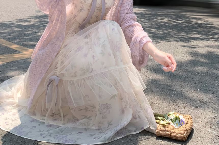 Spaghetti Strap Floral Print Maxi A-Line Dress & Plain Cardigan Set