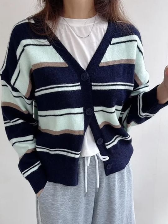 Striped V-Neck Knit Cardigan