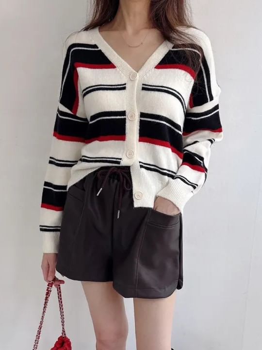 Striped V-Neck Knit Cardigan