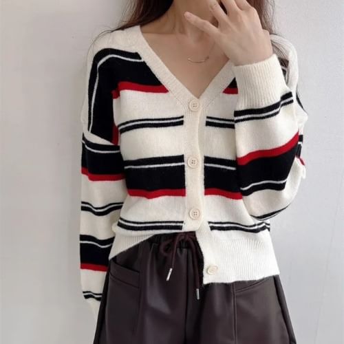 Striped V-Neck Knit Cardigan