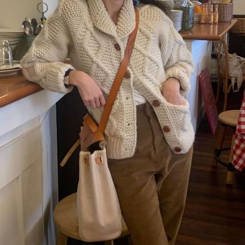 Cable-Knit Collared Plain Cardigan