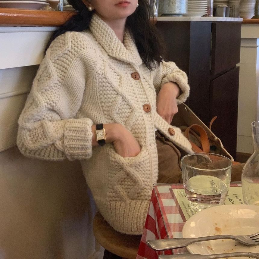 Cable-Knit Collared Plain Cardigan