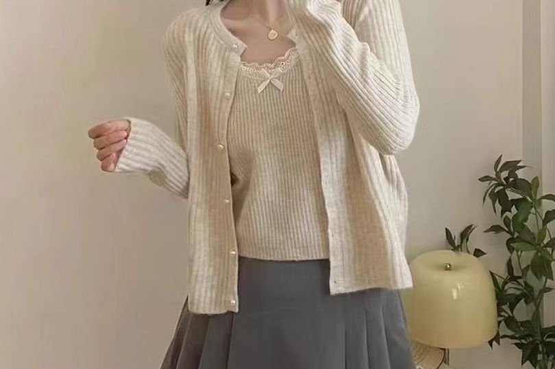 Lace Knit Cami Top and Faux Pearl Button Cardigan Set