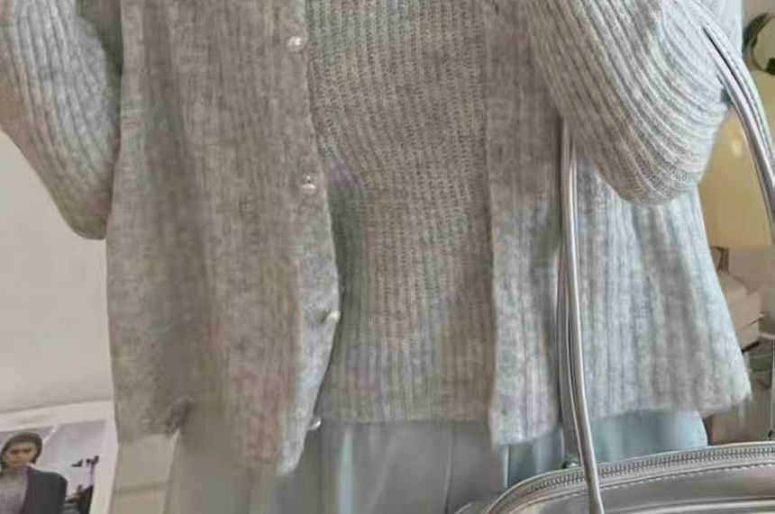 Lace Knit Cami Top and Faux Pearl Button Cardigan Set