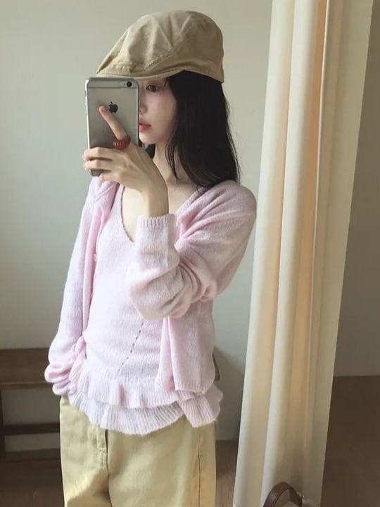 Scoop Neck Knit Cami with Ruffle Cardigan Set