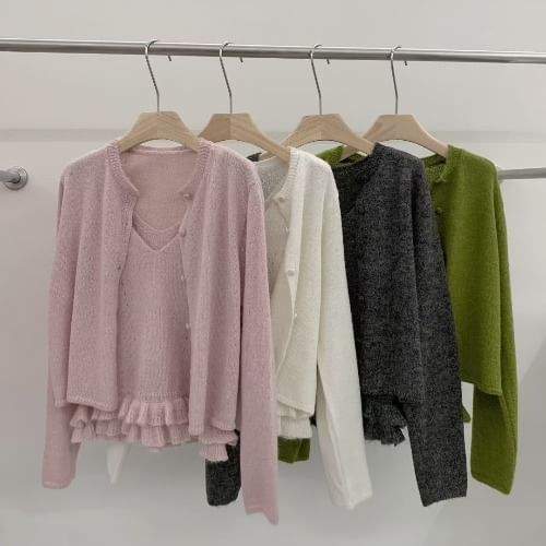 Scoop Neck Knit Cami with Ruffle Cardigan Set