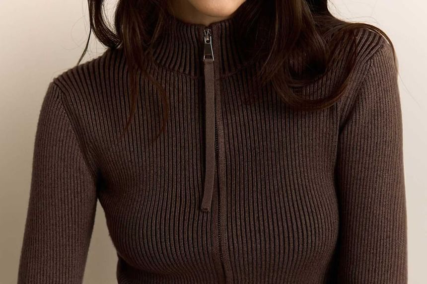 Stand Collar Long Sleeve Ribbed-Knit Zip-Up Cardigan