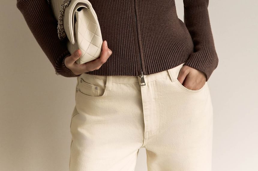 Stand Collar Long Sleeve Ribbed-Knit Zip-Up Cardigan