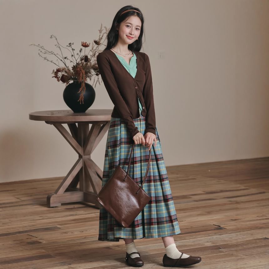 Notch Neck Two Tone Button-Up Cardigan & High Waist Plaid Pleated Midi A-Line Skirt Set