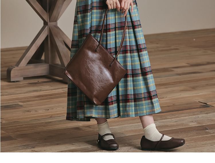 Notch Neck Two Tone Button-Up Cardigan & High Waist Plaid Pleated Midi A-Line Skirt Set