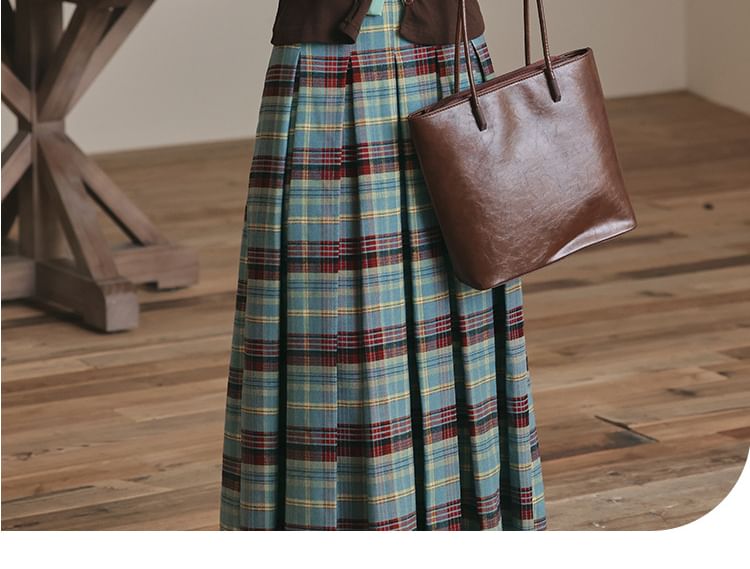 Notch Neck Two Tone Button-Up Cardigan & High Waist Plaid Pleated Midi A-Line Skirt Set