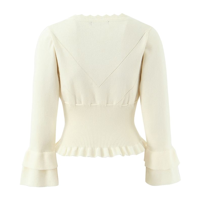Ruffle Trim V-Neck Button-Up Plain Crop Cardigan