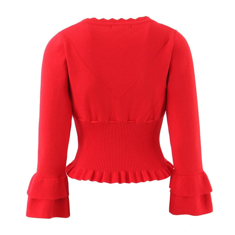Ruffle Trim V-Neck Button-Up Plain Crop Cardigan
