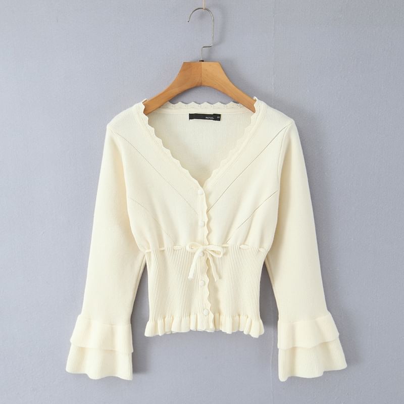 Ruffle Trim V-Neck Button-Up Plain Crop Cardigan