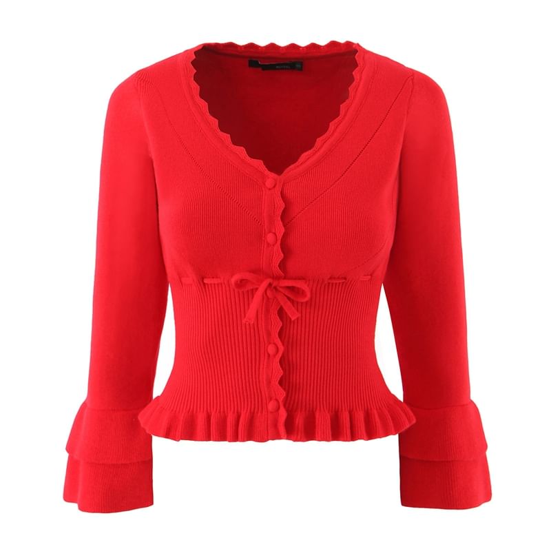 Ruffle Trim V-Neck Button-Up Plain Crop Cardigan