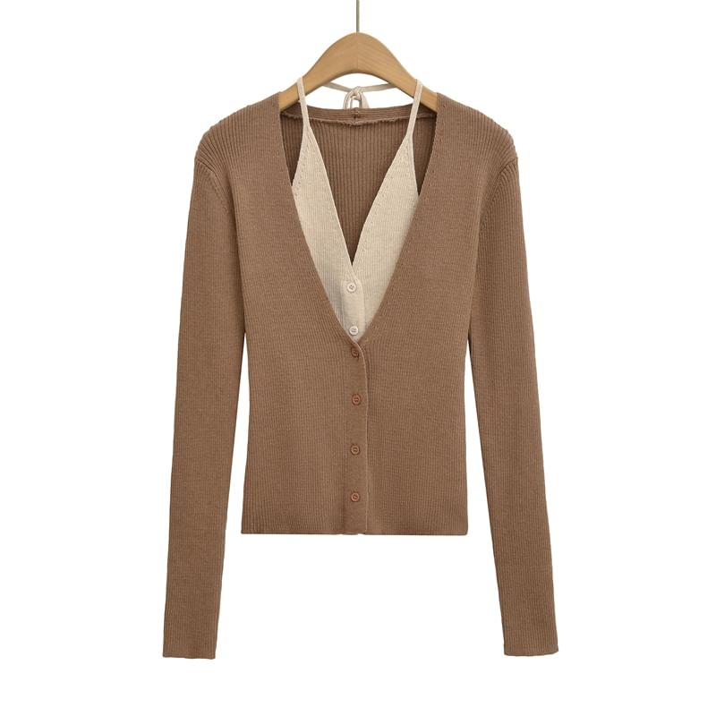 Halter V-Neck Two Tone Mock Two-Piece Button-Up Cardigan