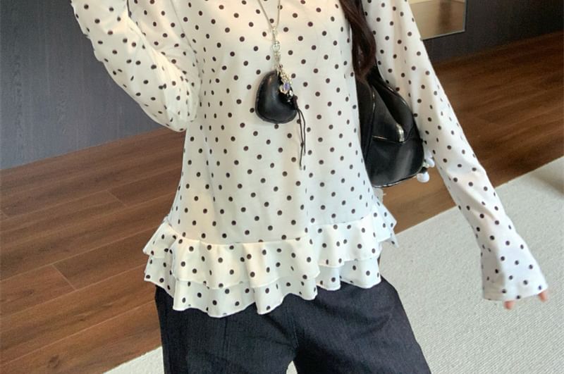 Dotted Ruffle Crew Neck Long Sleeve Tee / Scoop Neck Sweater Vest