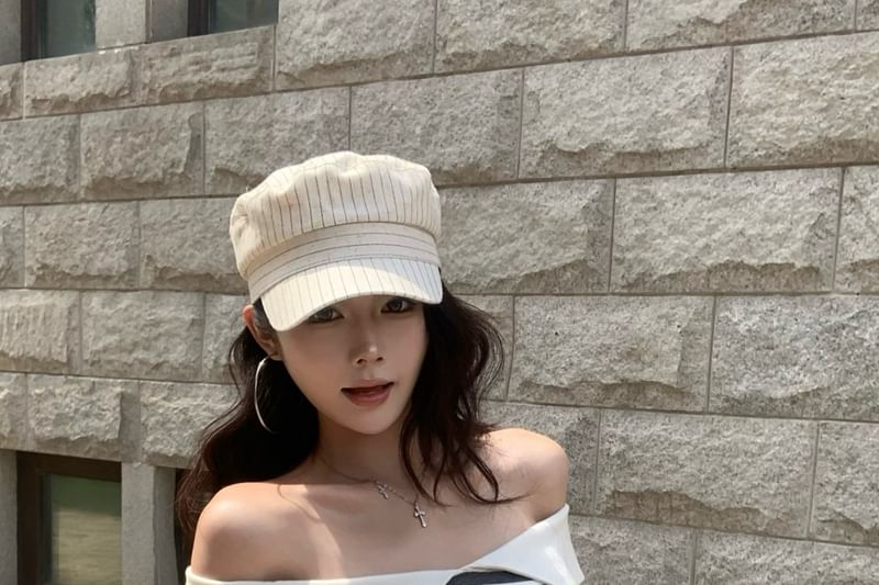 Off-Shoulder Long Sleeve Striped Panel Top