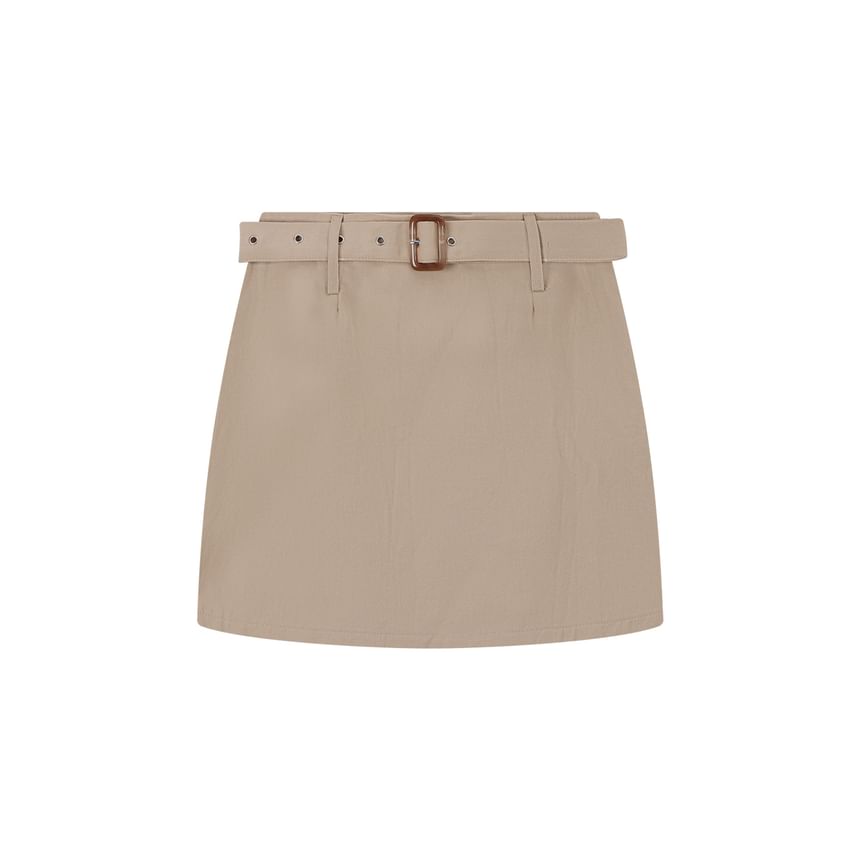 Collared Long Sleeve Striped Shirt / Belted High-Rise Mini Pencil Skirt