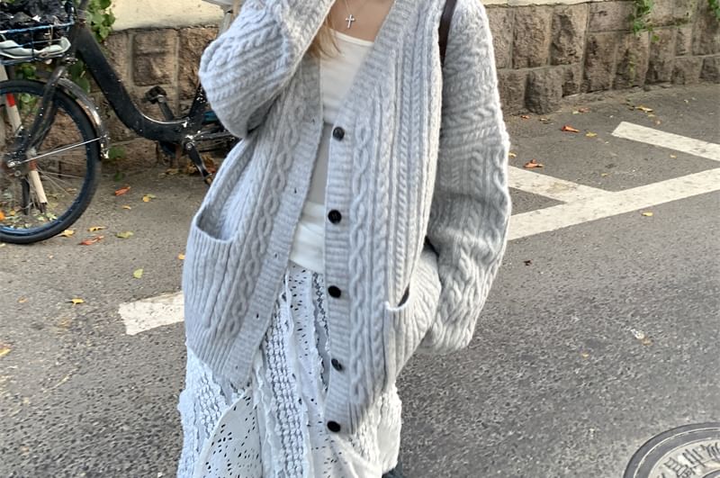 V-Neck Button-Up Cable Knit Cardigan
