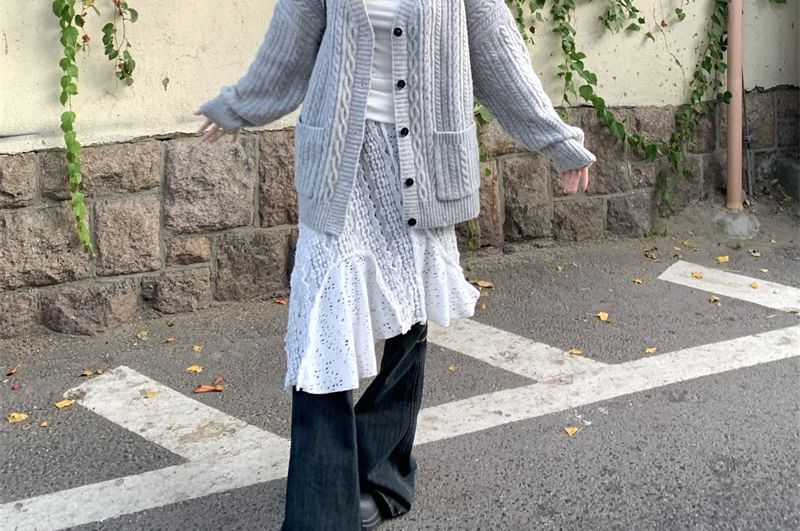V-Neck Button-Up Cable Knit Cardigan