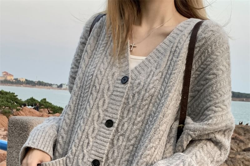V-Neck Button-Up Cable Knit Cardigan