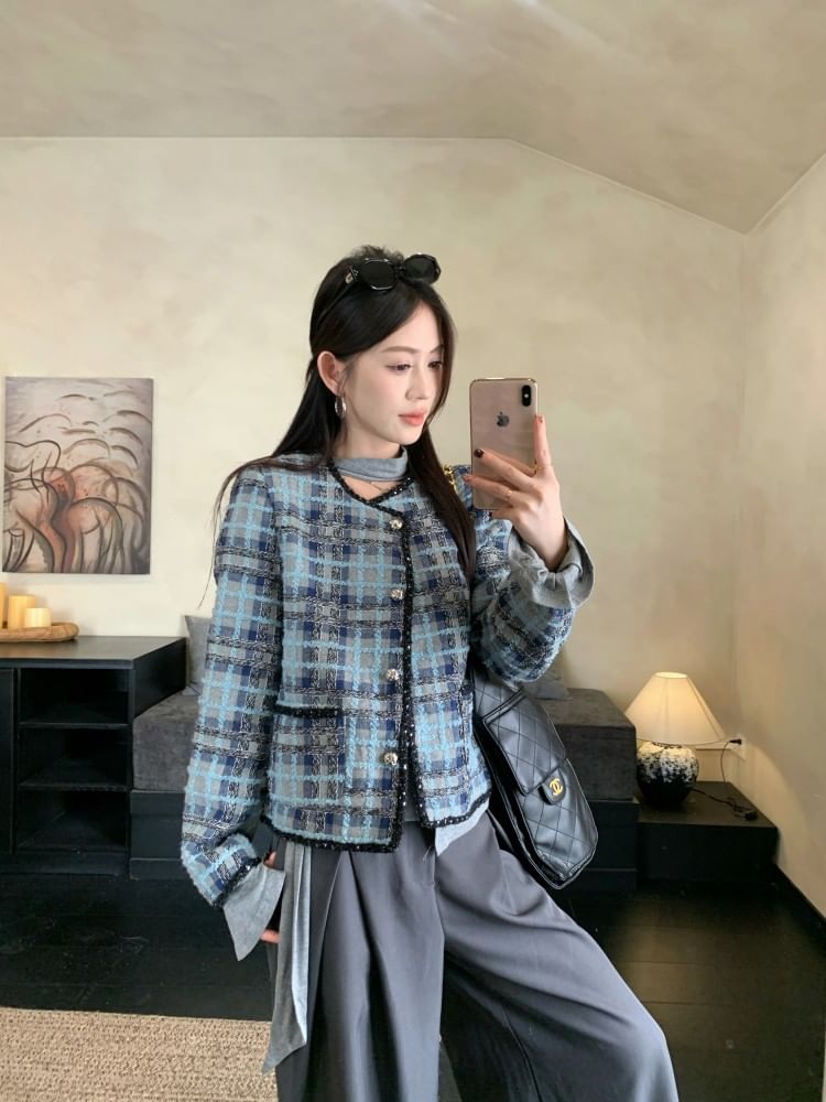 Plaid Tweed Button Jacket / Long-Sleeve Ruffle Trim Slim Fit T-Shirt / High Rise Wide Leg Slacks