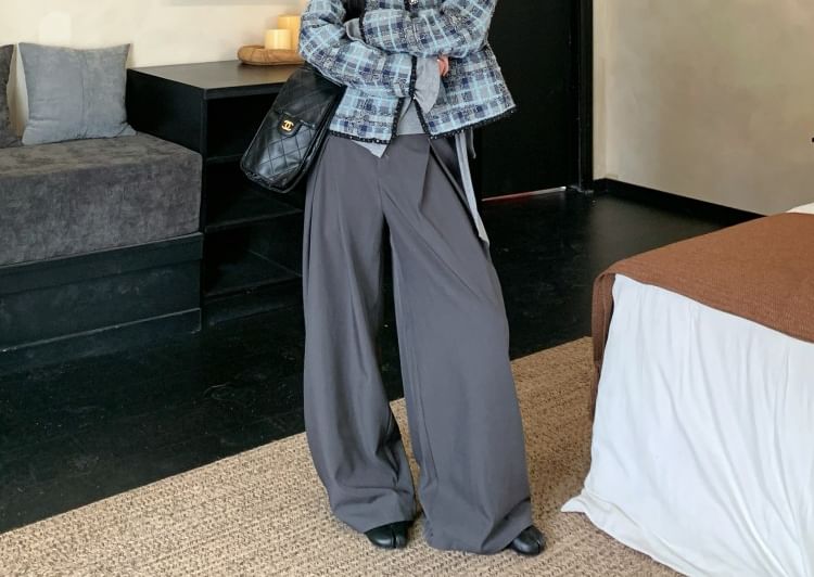 Plaid Tweed Button Jacket / Long-Sleeve Ruffle Trim Slim Fit T-Shirt / High Rise Wide Leg Slacks