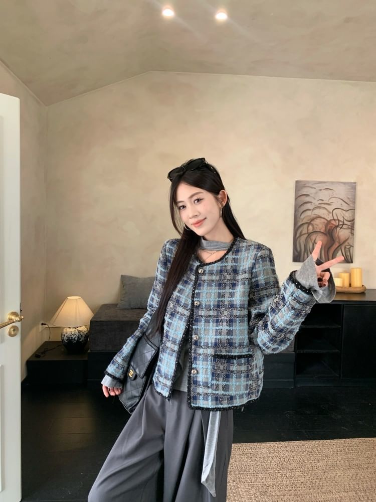 Plaid Tweed Button Jacket / Long-Sleeve Ruffle Trim Slim Fit T-Shirt / High Rise Wide Leg Slacks