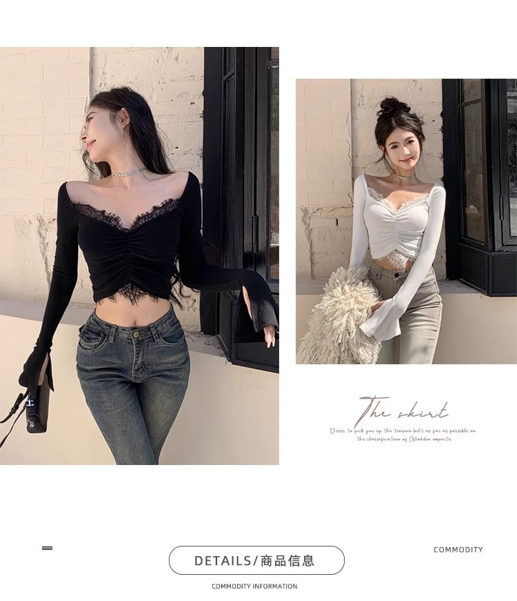 Off-Shoulder Flared-Sleeve Basic Crop Tee