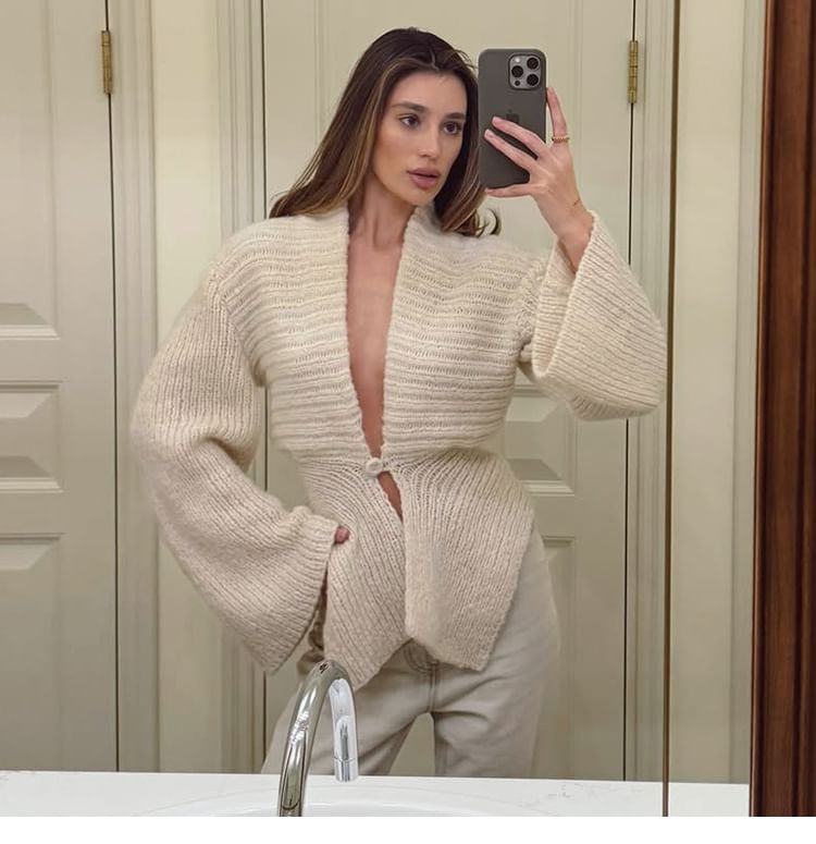 Ribbed V-Neck Plain Cardigan