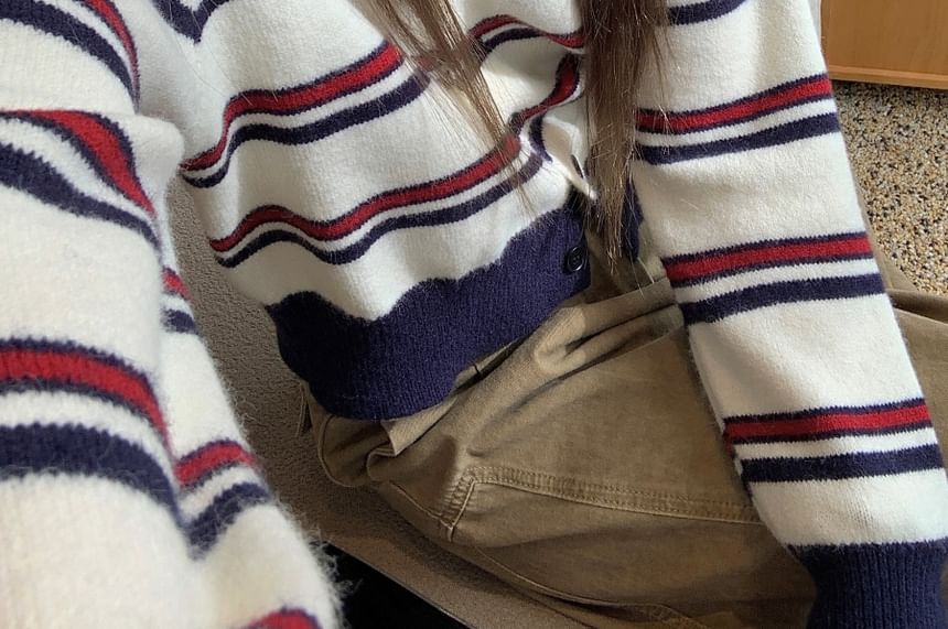 Striped Crew Neck Knit Cardigan