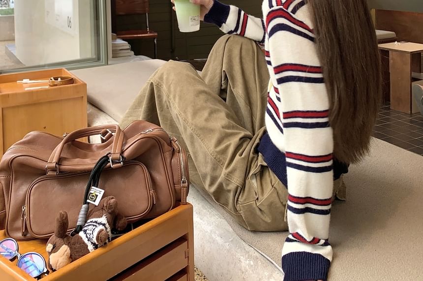 Striped Crew Neck Knit Cardigan