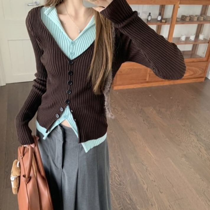 Mock Two-Piece V-Neck Two Tone Ribbed Cardigan