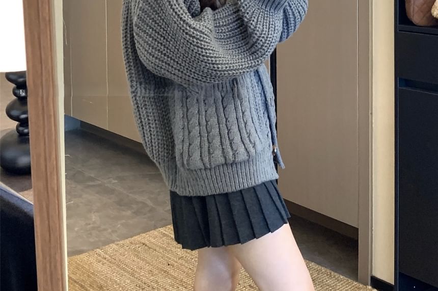 Hooded Cable-Knit Plain Cardigan