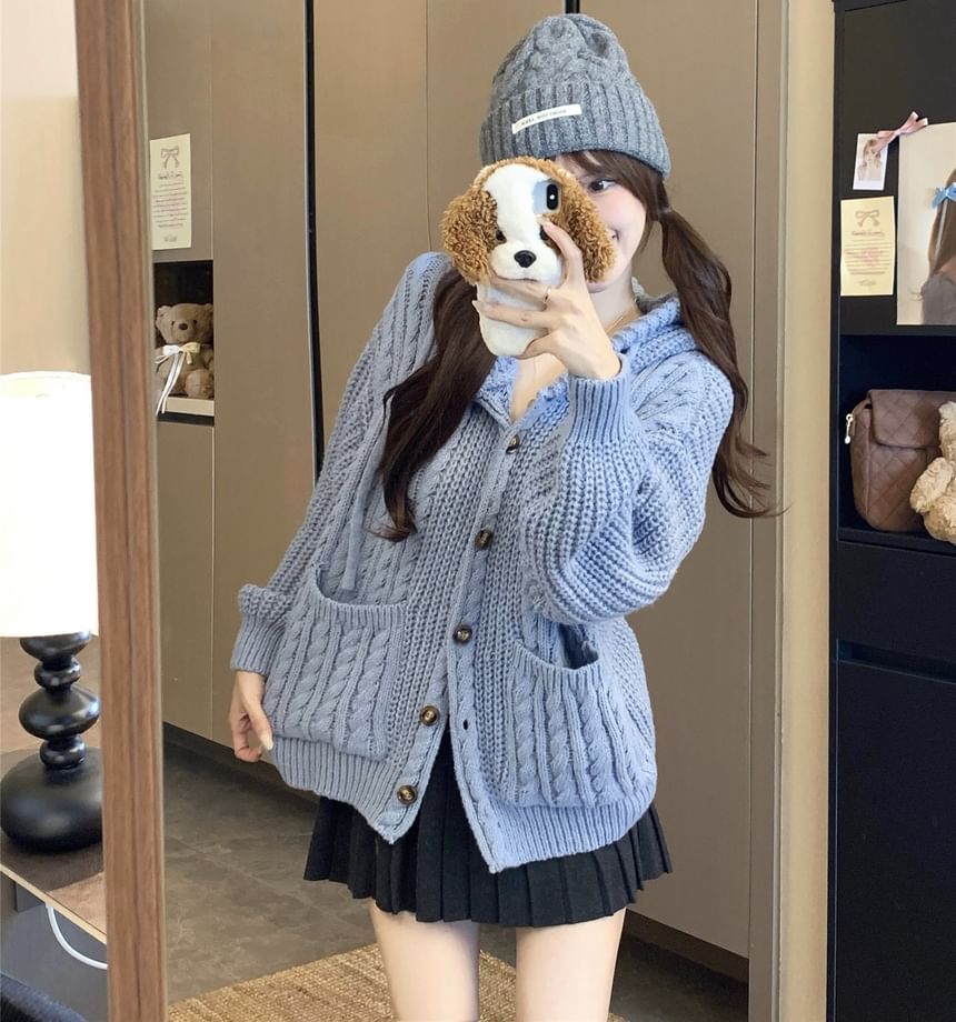 Hooded Cable-Knit Plain Cardigan