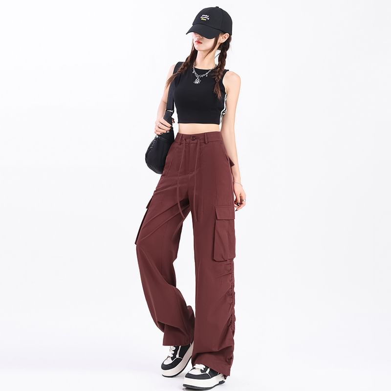 High Rise Plain Wide Leg Cargo Pants