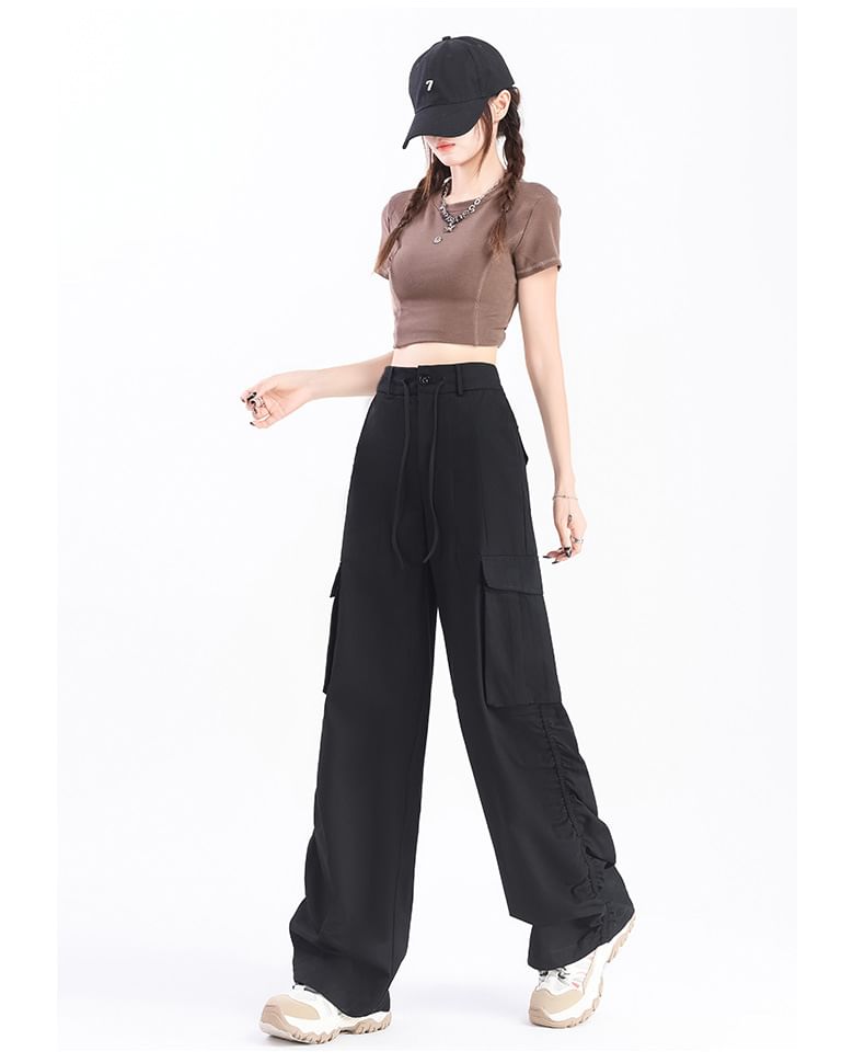 High Rise Plain Wide Leg Cargo Pants