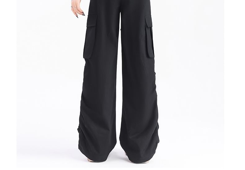 High Rise Plain Wide Leg Cargo Pants