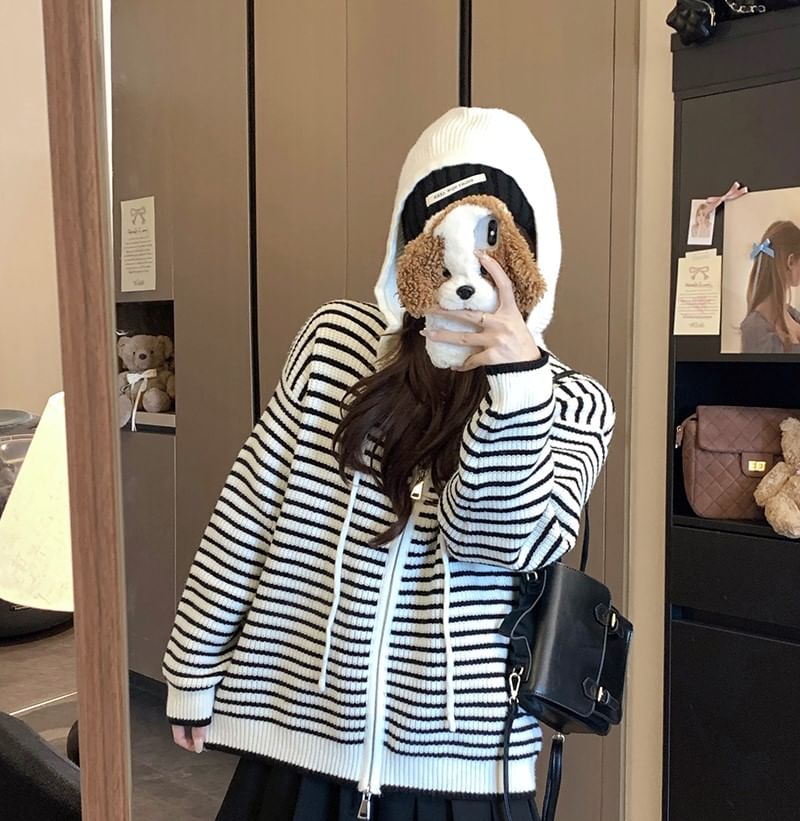 Zip-Front Striped Hooded Knit Cardigan