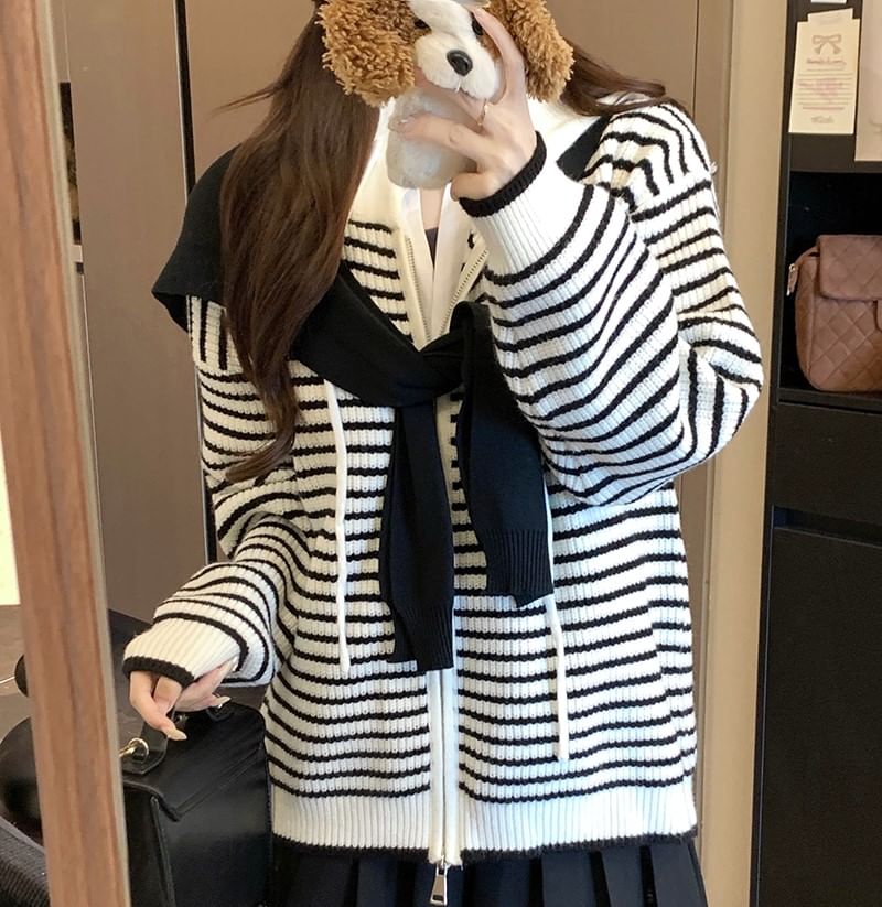 Zip-Front Striped Hooded Knit Cardigan