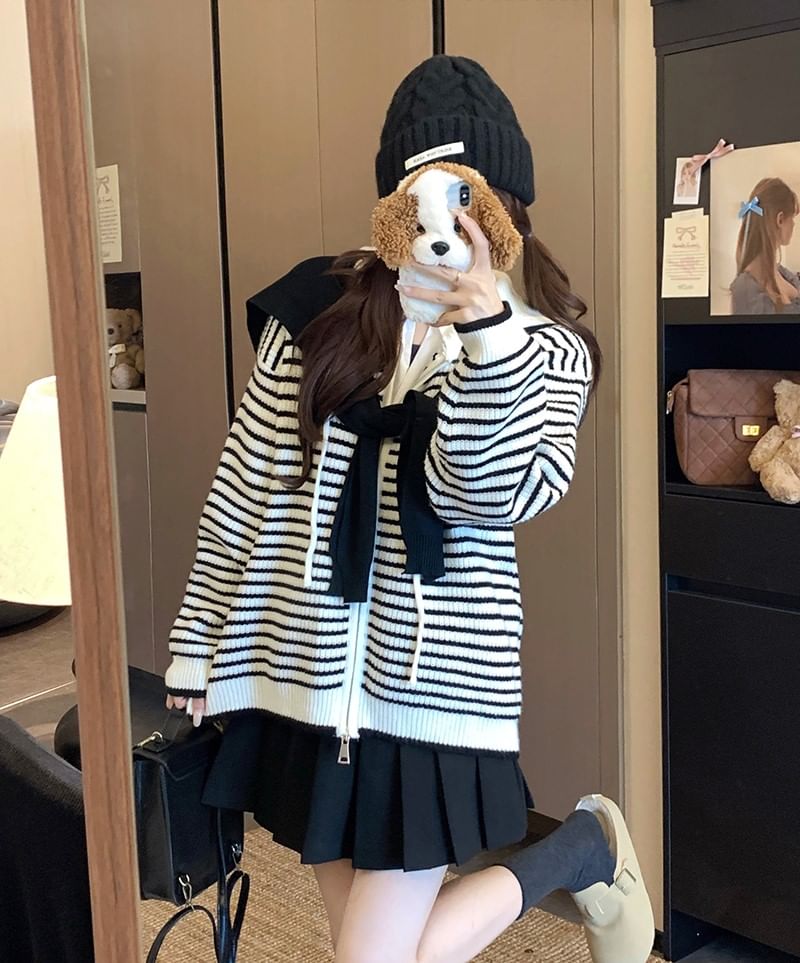 Zip-Front Striped Hooded Knit Cardigan