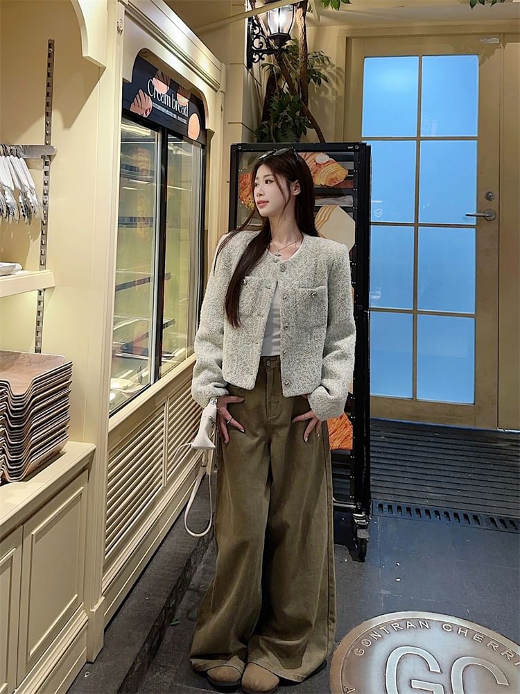 Crew Neck Button-Up Tweed Crop Jacket / High Rise Plain Wide Leg Jeans
