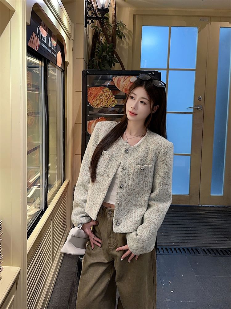 Crew Neck Button-Up Tweed Crop Jacket / High Rise Plain Wide Leg Jeans