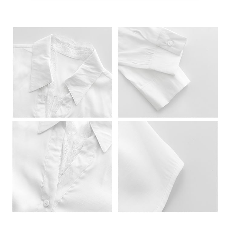 Lace-Trimmed Long Sleeve Button-Down Shirt